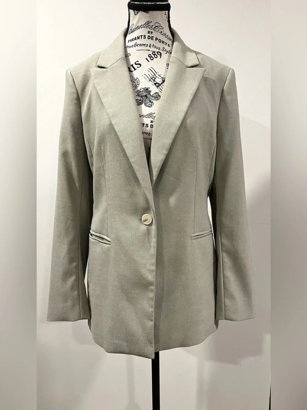 H&M Women's Sage Green Single-Button Tweed Blazer